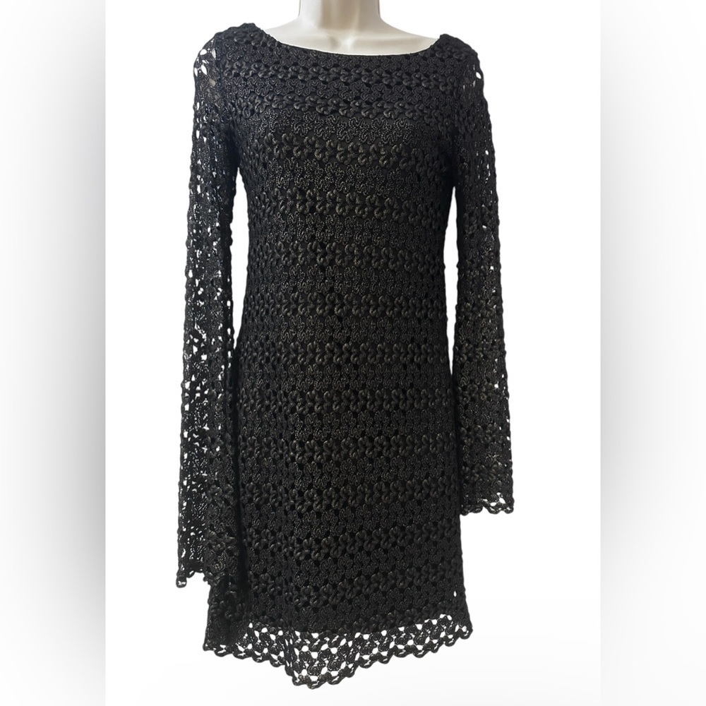 Jodi Kristopher Womenās Black Shimmer Crochet Bell Sleeve Dress, Size S